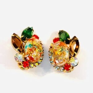 Vintage Julianna Handpainted Egg Gold and Green Gemstone Clip Earrings